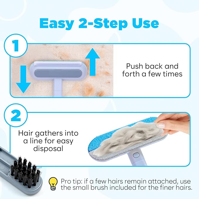 Pet Hair Removal Tool, Reusable Pet Hair Remover for Furniture, Couch, Carpet & Bedding, 17.3" Handle, Wide 7.3" Head, Mini Detail Brush, Easy Clean