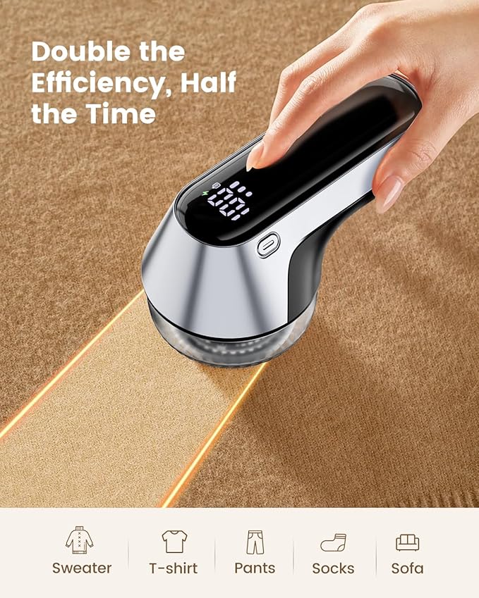 coldSky Fabric Shaver, Rechargeable Lint Shaver with Digital Display, Portable Sweater Defuzzer with 3 Speeds, 6 Leaf Blades and Safety Lock, Electric lint Remover for Clothes, Sweater (Silver)