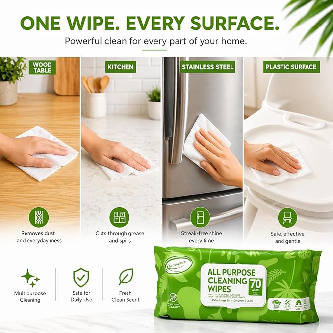Air Jungles All Purpose Cleaning Wipes for Car and Home 70 Count (Pack of 2), Extra Large 8" x 10" Heavy Duty for Car Interior Vinyl, Kitchen, Bathroom, Countertop, Furniture, Tool - Non-Toxic