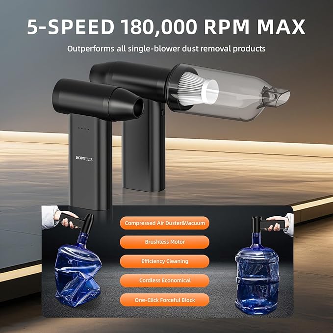 Electric Compressed Air Duster Mini Blower Cordless with Computer Vacuum Cleaner kit Lighting 180,000 RPM 5 Speed Handheld 3 in 1 USB-C for pc Keyboards Home Car BBQ Grill