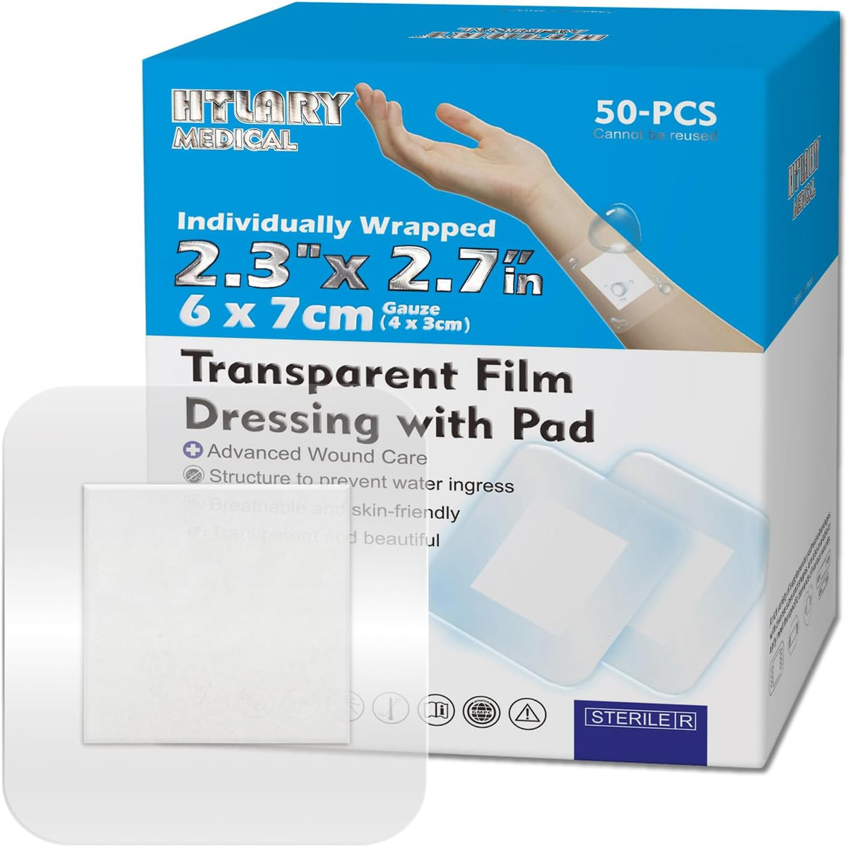 Waterproof Transparent Film Dressing with Absorbent Pad 50-Pack Sterile Adhesive Bandages Post-Surgical Wound Cover, Protective Barrier for Sensitive Skin (2.3‘’x2.7‘’)