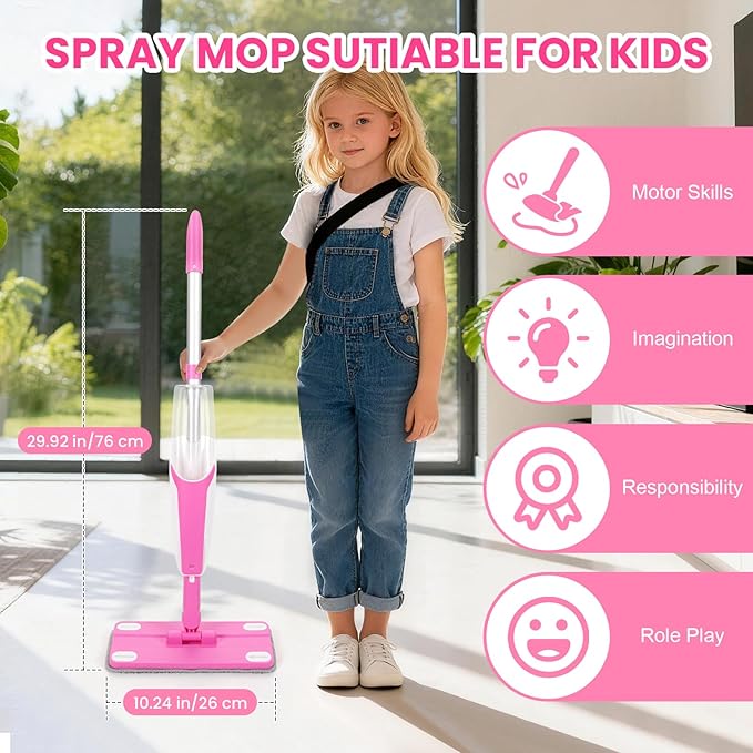 Kids Spray Mop, Toddler Cleaning Set with Real Water Sprayer, 2 Washable Mop Pads & Storage Clip, Pretend Play Montessori Housekeeping Toys for Boys Girls Ages 3 4 5 6 7 8