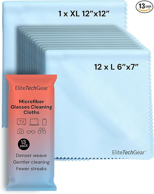 Elite Tech Gear Large Microfiber Cleaning Cloth (13-Pack) - 1-pc 12" x 12" and 12-pc 6"x7" - Glasses Cleaning Cloth for TV Screens, Camera Lenses and Tablets (Blue)