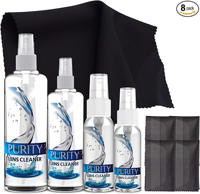 Purity Eyeglass Cleaner Family Pack - Multi-Size Lens Cleaner Kit - 1x1oz, 1x2oz, 1x4oz, 1x8oz Bottles + 4 Premium Microfiber Cloths - Safe for All Lenses, Eyeglasses, & Screens - Streak-Free Formula