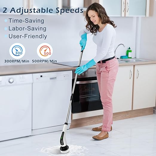 Bomves Electric Spin Scrubber, Cordless Cleaning Brush Scrubber for Home, 8 Replaceable Brush Heads-90Mins Work Time, 3 Adjustable Size, 2 Speeds for Bathroom Shower Bathtub Glass Car