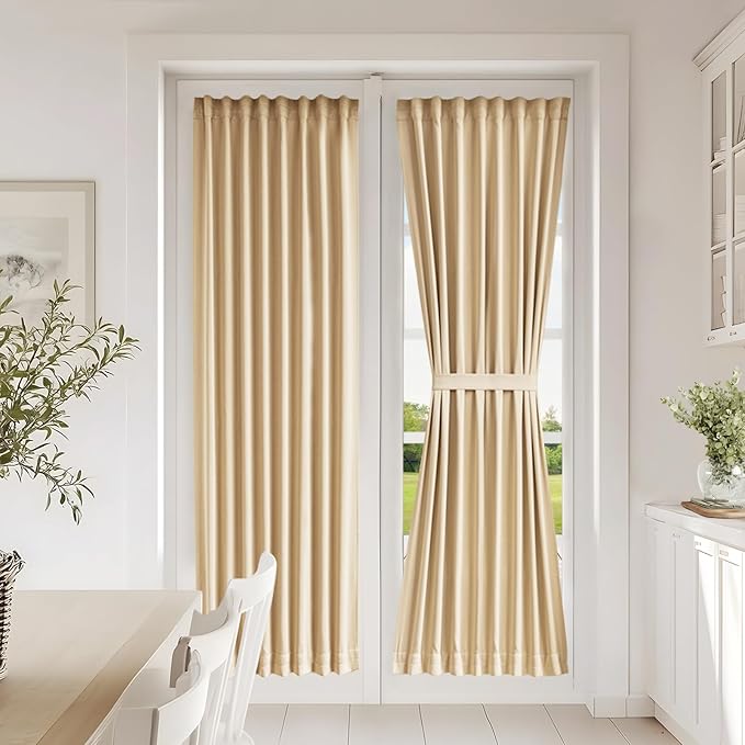 Vatge Self-Adhesive French Door Curtains - No Drill Rodless Blackout Curtain for Glass Doors, 1 Panel, W25 x L72, Beige