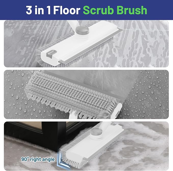 Floor Scrub Brush with Long Handle: 3 in 1 Heavy-Duty Floor Scrubber Brush with Squeegee for Cleaning Tile Bathroom Deck Kitchen Patio - White