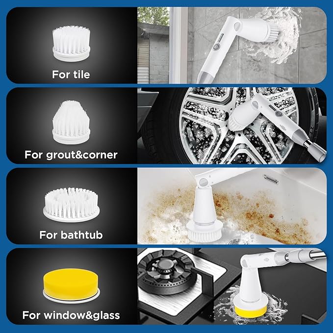 Electric Spin Scrubber, Bathroom Cleaner, Power Shower Cleaning Brush with Extendable Handle & 4 Brush Heads, Shower Scrubber for Bathtub Tile Grout Kitchen Window and Floor