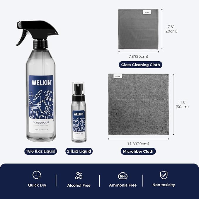 WELKIN Screen Cleaner Spray Kit (550ml + 60ml) - Cleaning Mist for TV, Laptop, Computer, Phone Touchscreen - 2 Sprayers，1 Microfiber Cloth & 1 Glass Wipe Included