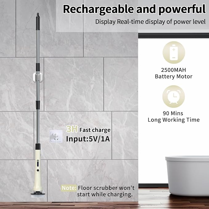 Electric Spin Scrubber, Hillyfe Bath Scrubber for Cleaning with 7 Replaceable Brush Heads, IPX7 Waterproof,300/400 RPM, 3 Adjustable Size,Cordless Shower Cleaner Brush for Bathroom Floor,Beige