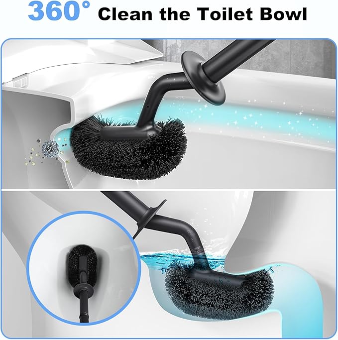 HAMITOR Toilet Bowl Brush Holder Set: Curved Design with Holder for Deep Cleaning Under Rim - Compact Hidden Scrubber for Small Space - Modern RV Bathroom Accessories - Black