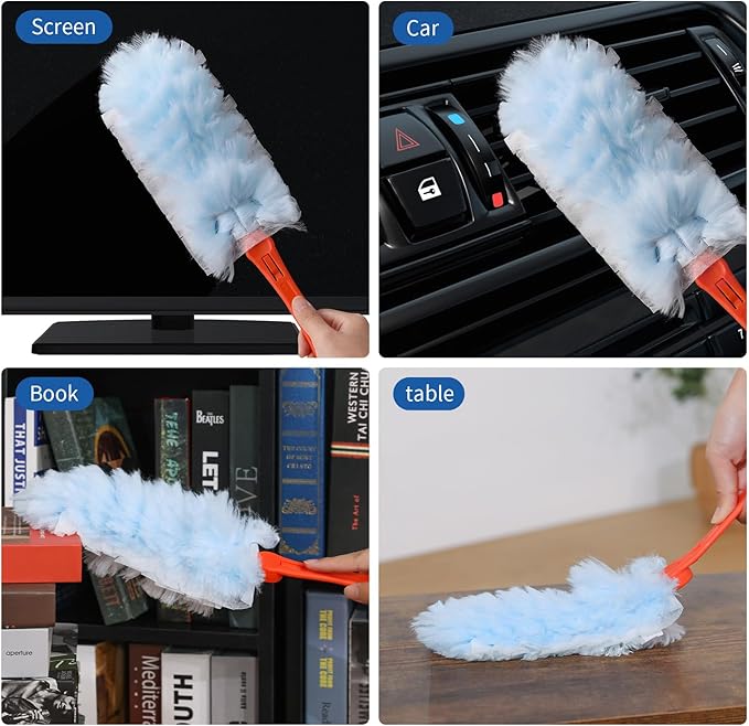 Qaestfy Dusters for Cleaning Dust 20 Count Refills 360 Fluffy Microfiber Hand Duster Kit with 14'' Rotatable Handle Unscented Cloths Pad for Multi-Surface Dusting (1 Handle + 20 Count)