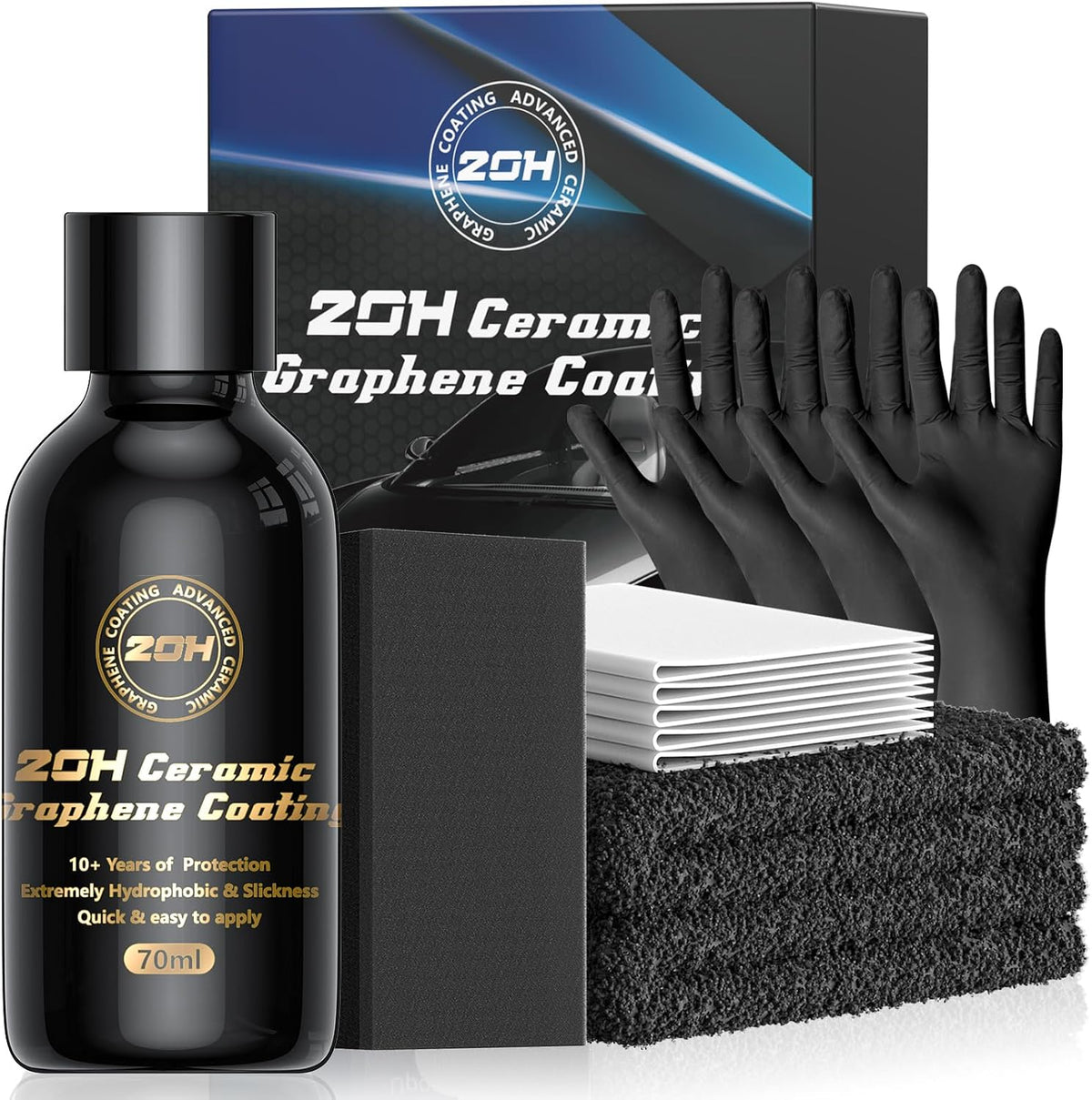 20H Professional Graphene Ceramic Coating for Cars (70ml) - 10+ Years Protection, Hydrophobic & Scratch Resistant, High Gloss Finish - Advanced Car Detailing Kit - Easy Application, Black