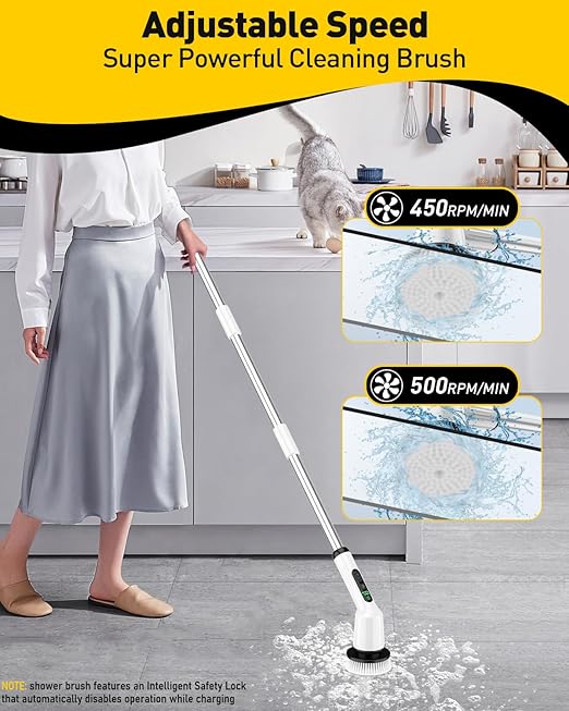 Electric Spin Scrubber for Cleaning Bathroom, Shower Scrubber Cordless Cleaning Brush with IPX7 Waterproof & 2 Speed, 3 Brush Heads, Bathroom Cleaning Supplies for Shower Tub Kitchen Tile Toilet White