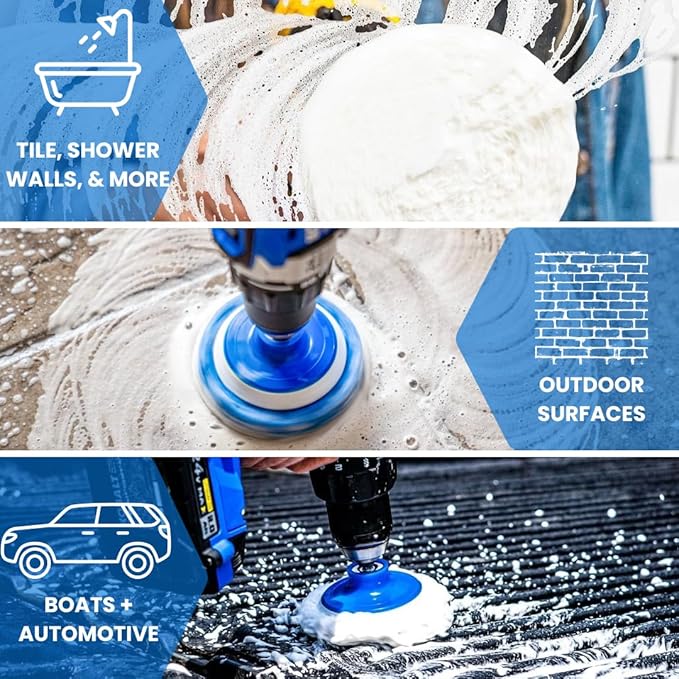 RotoScrub 7 Pack Multi-Purpose Drill Brush Kit for Cleaning Bathrooms, Showers, Tubs, Tile, Floors, Sinks, Toilets, Grout and Grime Removal, Reversible Blue and White Scrub Pads
