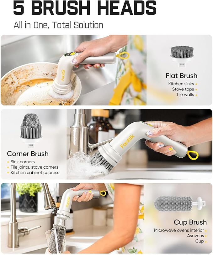 Fanttik G9 Handy Cordless Electric Spin Scrubber, MagnaStorm Motor, Dual-Speed, 5 Brush Heads, LED Display, IPX7 Waterproof, 2500mAh with Type-C Charging, for Kitchen, Sink, Tile, Stove- White