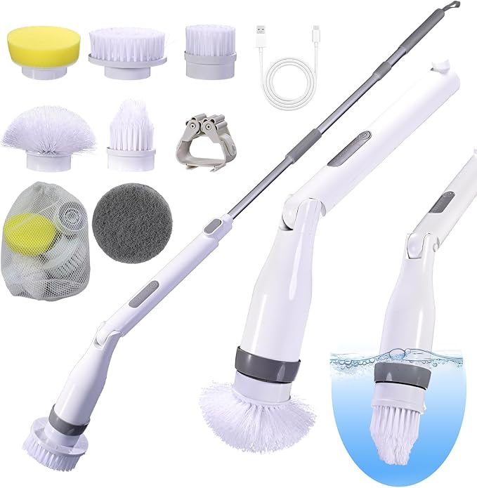 Electric Spin Scrubber, IPX7 Waterproof Shower Cleaning Brush with 8 Replaceable Brush Heads, Extendable Long Handle and 2 Adjustable Speeds Tools White