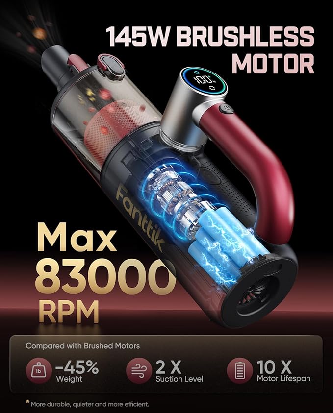 Fanttik Cruise V11 APEX Handheld Vacuum Cordless, 4-in-1 Vacuum Cleaner with AxLoop 180° Rotatable Handle, 145W Brushless Motor, LED Touch Screen, 3 Suction Modes for Home Corners, Kitchen, Crevices