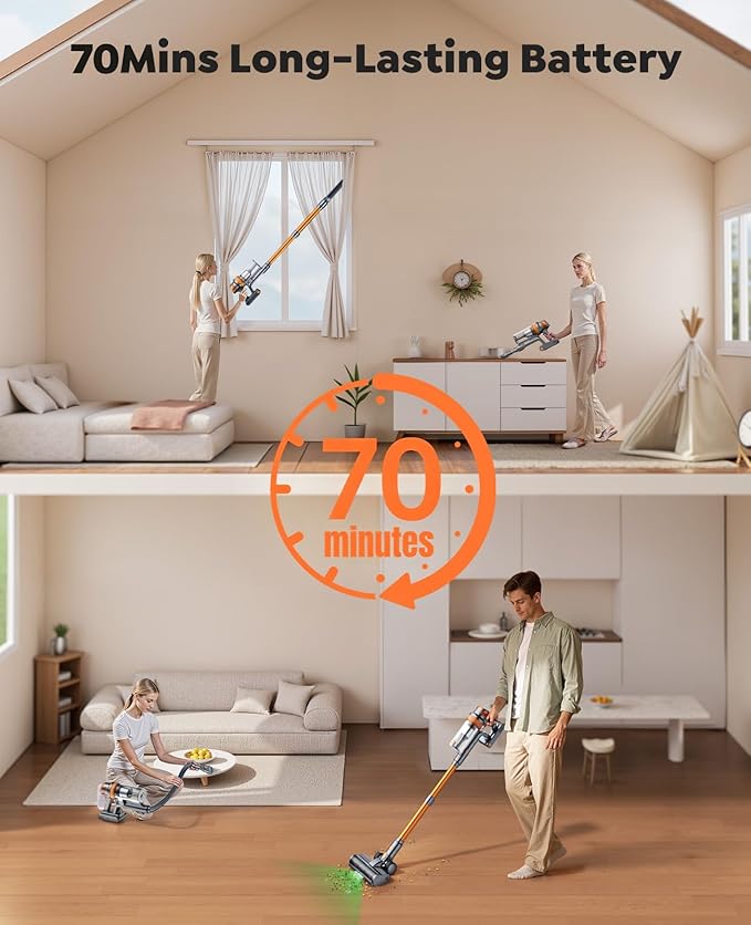 Cordless Vacuum Cleaner, 55KPa 650W 70Mins Stick Vacuum Cleaners for Home, Self-Standing Handheld Vacuum with 3.3Ft Extendable Hose, LED Touch Screen for Pet Hair/Floor/Carpet