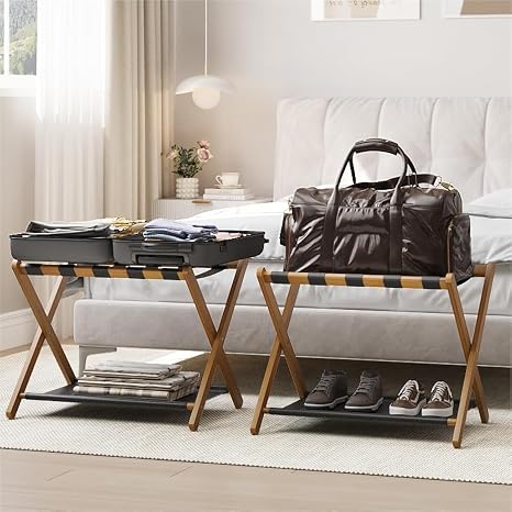 Smart FENDEE 2 Pack Luggage Rack, Folding Luggage Rack for Guest Room, Walnut Bamboo Suitcase Stand Holds up to 131 lb, 
