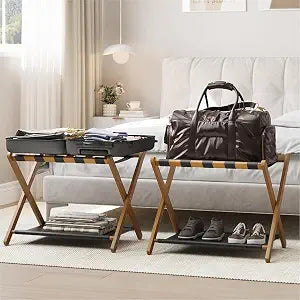 Smart FENDEE 2 Pack Luggage Rack, Folding Luggage Rack for Guest Room, Walnut Bamboo Suitcase Stand Holds up to 131 lb, 