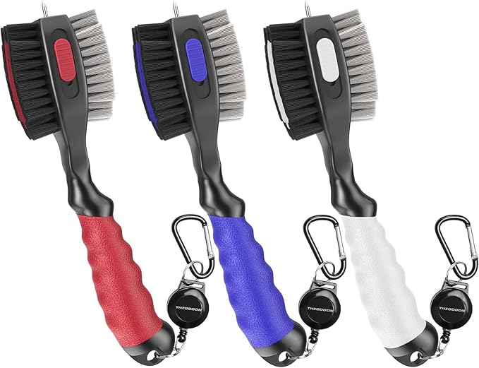 THIODOON 2 Pack Golf Club Brushes and Groove Cleaner 2 ft Retractable Zipline Carabiner Golf Brush Head with Retractable Spike Comfortable Grip Golf Club Cleaner
