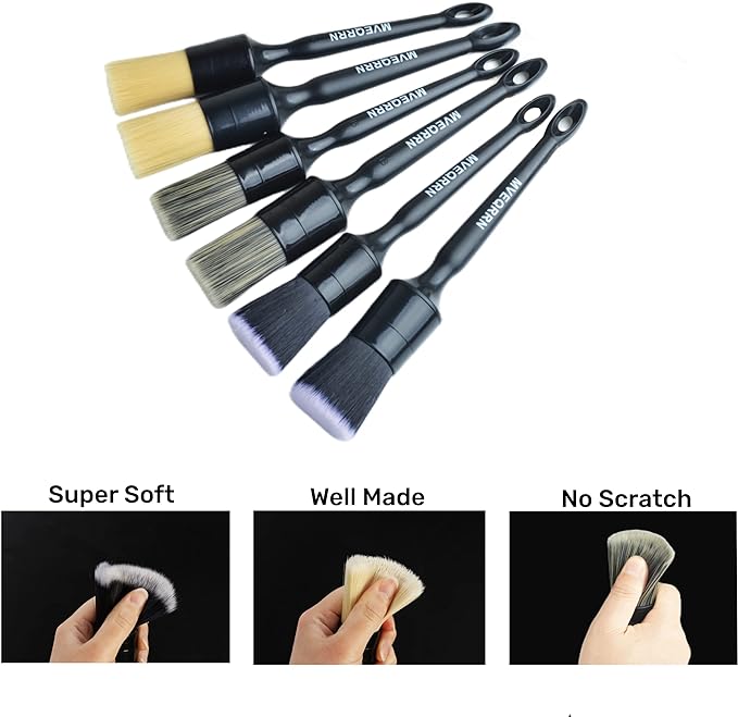 MVEQRRN 6pcs Car Detailing Brush Set-2pcs Boars Hair Car Detailing Brushes,2pcs Ultra Soft No Scratch Detailing Brush for Air Vent,Leather Seat 2pcs Detail Brushes car Detailing for Interior Exterior