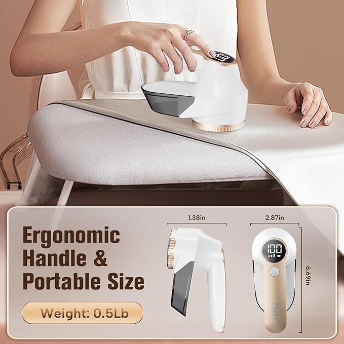 DBC Fabric Shaver with 15000r/Min Powerful Motor, LED Display, 3-Speeds, 6-Leaf Blades, Large Shaving Head Lint Remover for Clothes, Lint Ball, Furniture, Fuzz - Gold & White