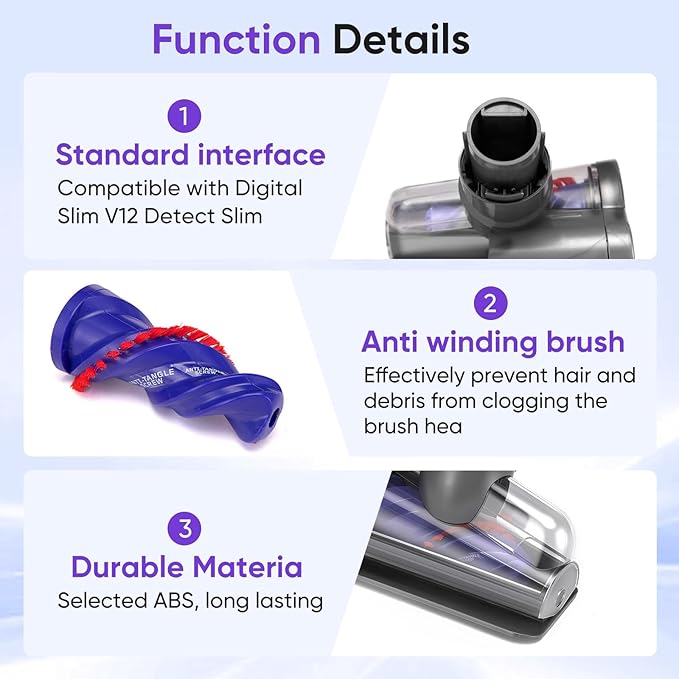 Mini Motorized Tool Brush Head Compatible with Dyson Digital Slim/V12 Detect Slim Cordless Vacuum Cleaner, Handheld Couch Vacuum Attachment Anti-Tangle Replacement Head Suitable for Long and Pet Hair