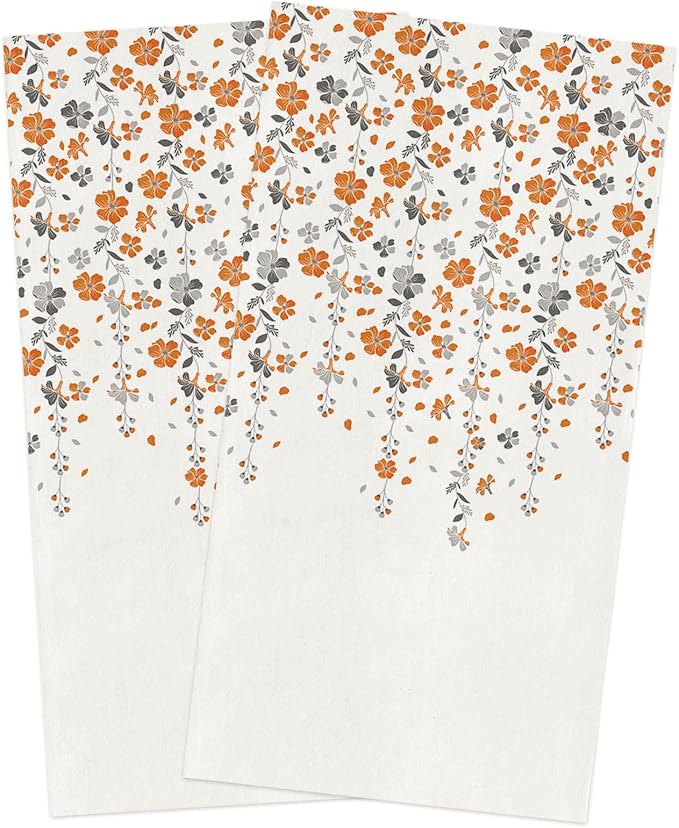 Kitchen Towels Microfiber Cleaning Cloths, Flower Orange Grey Cherry Blossoms White Background Soft Dish Towels for Kitc