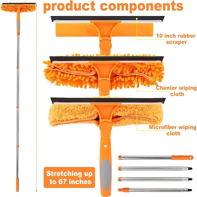 Professional 67" Window Squeegee, 3-in-1 Rotatable Squeegee for Window Cleaning with Extension Poles, Window Cleaner Tool Kit for Indoor & Outdoor High Windows and Car Glass
