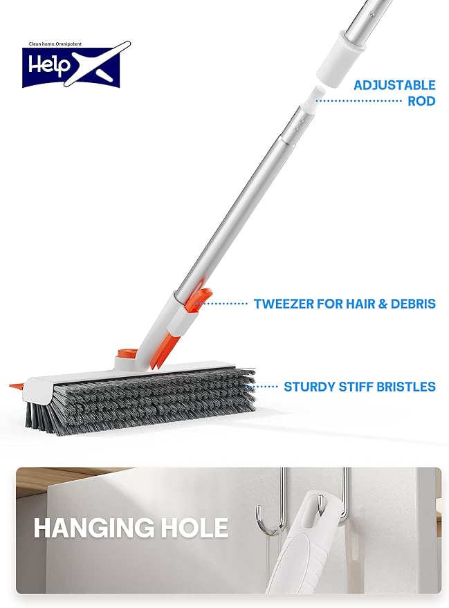 Floor Scrub Brush with Long Handle, 3 in 1 Scrape and Heavy-Duty Stiff Bristle Floor Scrubber Brush with Squeegee and Tweezer for Cleaning Tile Wall Deck (Orange and White)