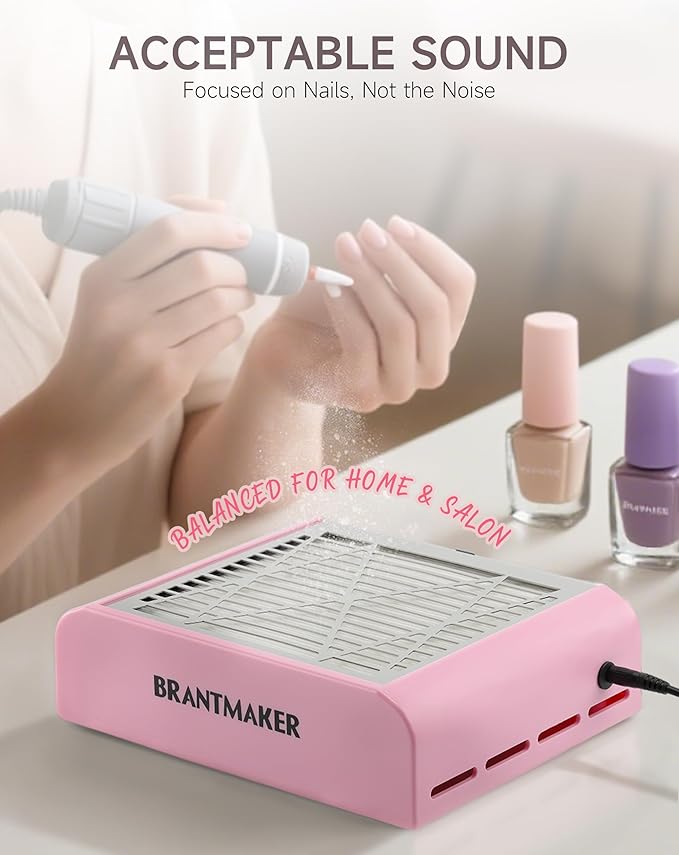 BRANTMAKER Nail Dust Collector with Brush and 2 Reusable Filters, 60W Vacuum Dust Fan for Acrylic Nails (pink)