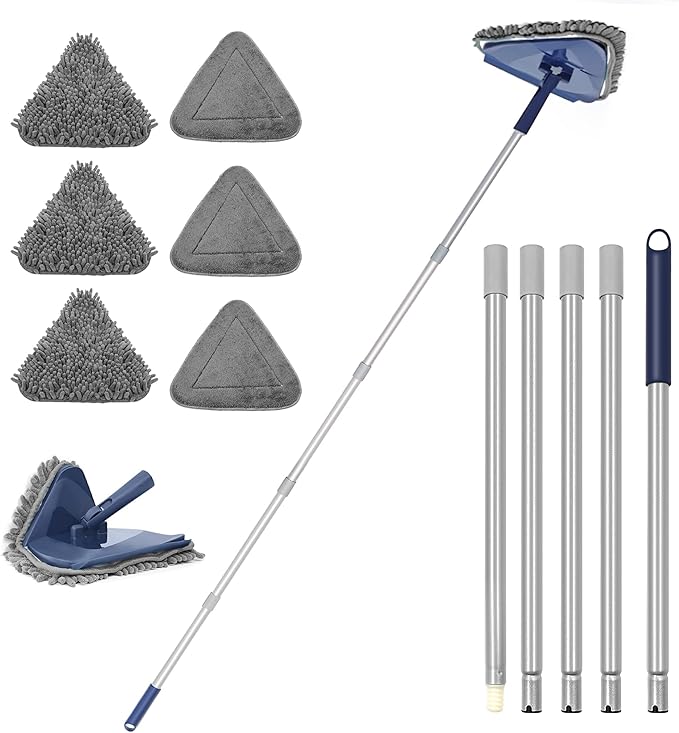 JEHONN Wall Cleaner Mop with Long Handle 82 Inches, 3-in-1 Ceiling Cleaning Tool Duster with 6 Replacement Microfiber Chenille Pads for Painted Walls, Window, Floor, Baseboard