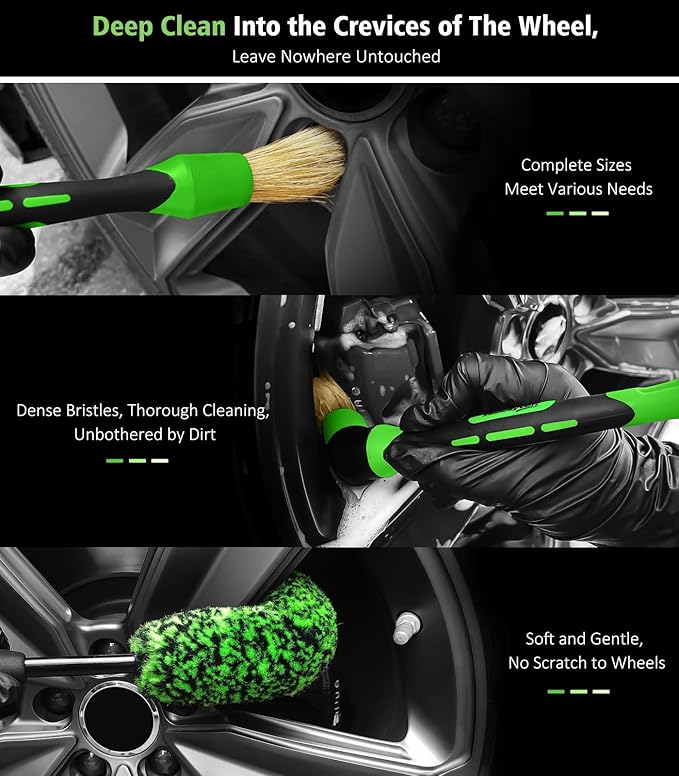 YeewayVeh 8PCS Ultimate Wheel and Tire Brush Kit | 2-Size 360° Bendable Rim Brushes, Boar Hair Detailing Brush, Tire Shine Applicators & Microfiber Towel | Complete Scratch-Free Cleaning & Shining Set