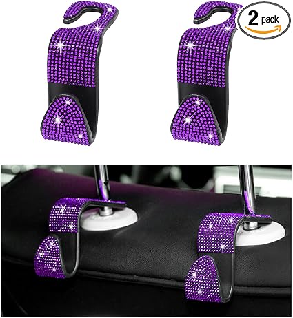 Augeny 2 PCS Bling Car Seat Headrest Hooks, Crystal Rhinestone Back Seat Hanging Storage Organizer, Auto Purse Bags Hang
