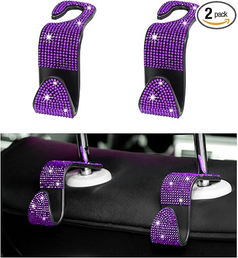 Augeny 2 PCS Bling Car Seat Headrest Hooks, Crystal Rhinestone Back Seat Hanging Storage Organizer, Auto Purse Bags Hang