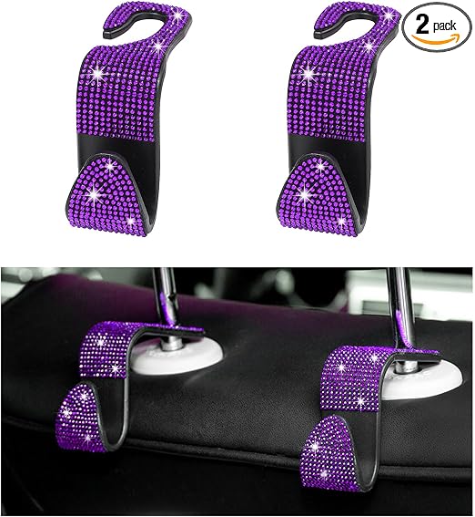 Augeny 2 PCS Bling Car Seat Headrest Hooks, Crystal Rhinestone Back Seat Hanging Storage Organizer, Auto Purse Bags Hang