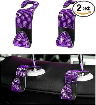 Augeny 2 PCS Bling Car Seat Headrest Hooks, Crystal Rhinestone Back Seat Hanging Storage Organizer, Auto Purse Bags Hang
