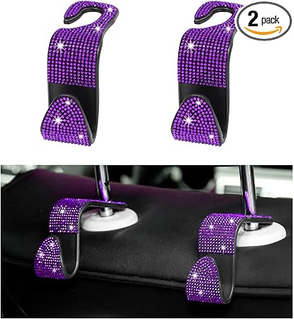 Augeny 2 PCS Bling Car Seat Headrest Hooks, Crystal Rhinestone Back Seat Hanging Storage Organizer, Auto Purse Bags Hang