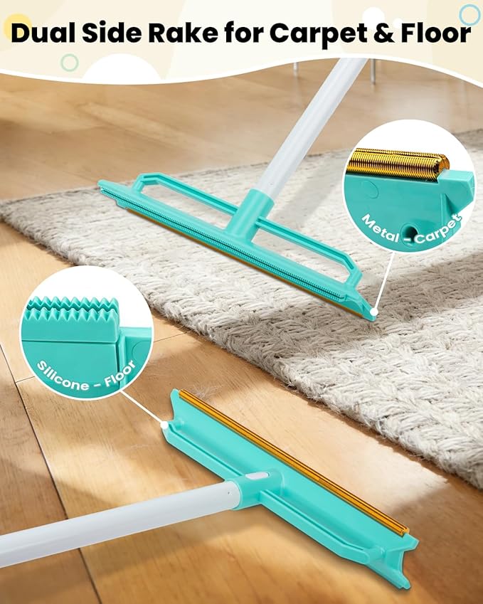 Carpet Rake for Pet Hair Removal - 5-in-1 Dual-Sided Rubber & Metal Carpet Scraper Tool with 60" Adjustable Handle, Used for Cleaning Dog and Cat Fur on Furniture, Short Pile Carpets, Rugs