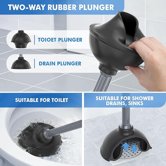 LOVLOY Toilet Plunger and Brush with Holder, Bowl Brush and Heavy Duty Toilet Plunger Set with Ventilated Holder, 2-in-1 Toilet Brush and Plunger Combo for 5.3-inch Toilet Drain New Pack (Grey, 1)