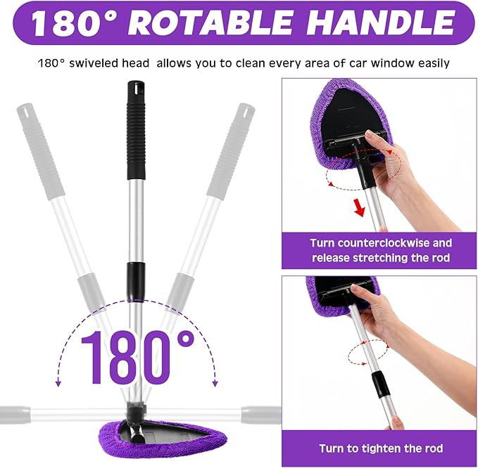 Potchen 8 Pcs Car Windshield Cleaner Tool Kit with Extendable Handle, Microfiber Towel Pads, Brush, Empty Spray Bottle for Auto Glass Wiper Suvs Rvs & Home Windows(Purple)