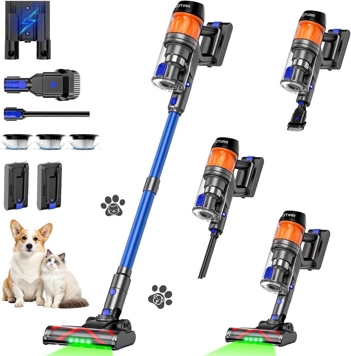 Cordless Vacuum Cleaner, Vacuum Cleaners for Home 500W 40KPa 120Mins with 2 Batteries, Anti-Tangle Rechargeable Lightweight Stick Vacuum with Green Light for Pet Hair/Carpet/Hardwood Floor Blue