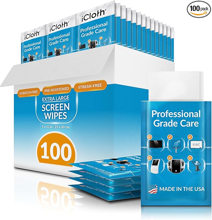 iCloth XL Screen Cleaning Wipes, Lint-Free and Streak-Free, Fast-Drying, Removes Dust, Fingerprints, and Smudges (100 XL