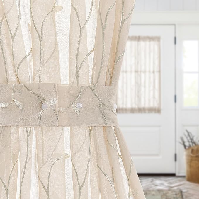 jinchan Sheer Door Curtain 40 Inches Floral Embroidered Semi-Sheer Embroidery Voile Floral French Door Curtain Light Filtering Drape Rod Pocket 1 Panel Beige