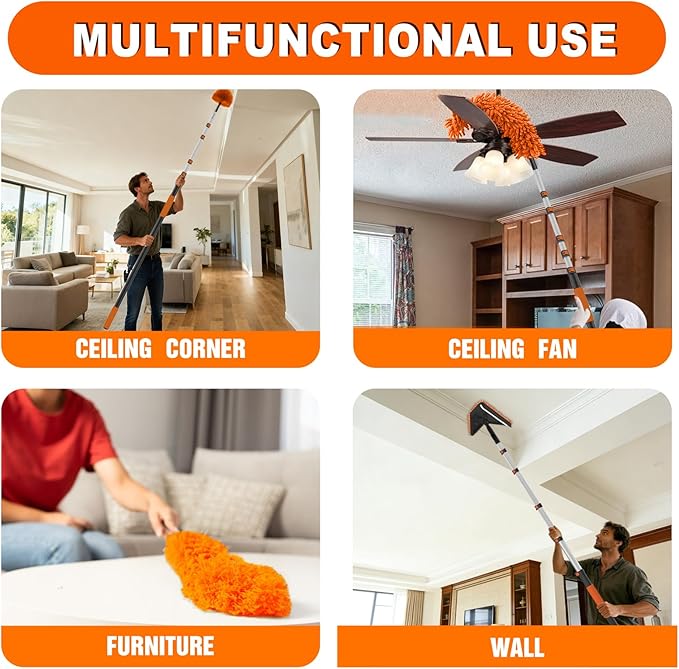 SISUPASSIE 30FT Reach Duster Cleaner Kit, Dusters for Cleaning with Extension Pole, Baseboard & Wall and Window Cleaner Mop for Fan Blades, High Ceiling and Cobweb