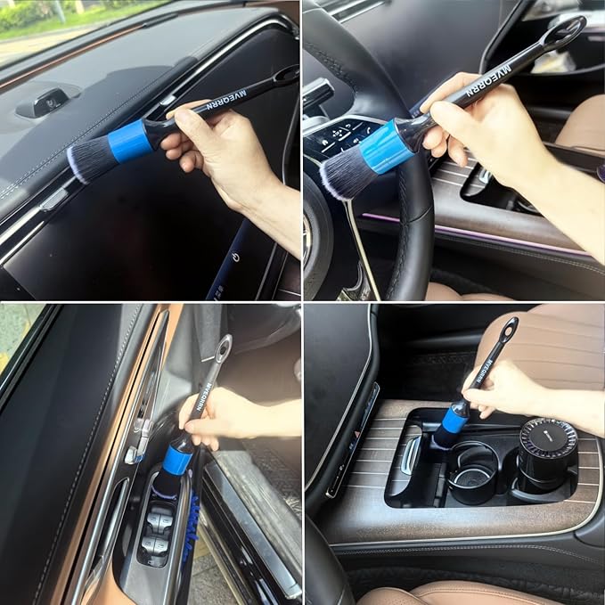 MVEQRRN 6pcs Car Detailing Brush Set-2pcs Boars Hair Car Detailing Brushes,2pcs Ultra Soft No Scratch Detailing Brush for Air Vent,Leather Seat 2pcs Detail Brushes for Interior Exterior(Blue)