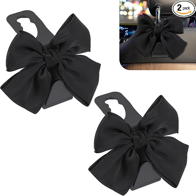 2PCS Car Headrest Hook, Cute Bow Car Purse Hook, Auto Seat Headrest Hooks for Purses Coats Umbrellas Bags, Universal Veh