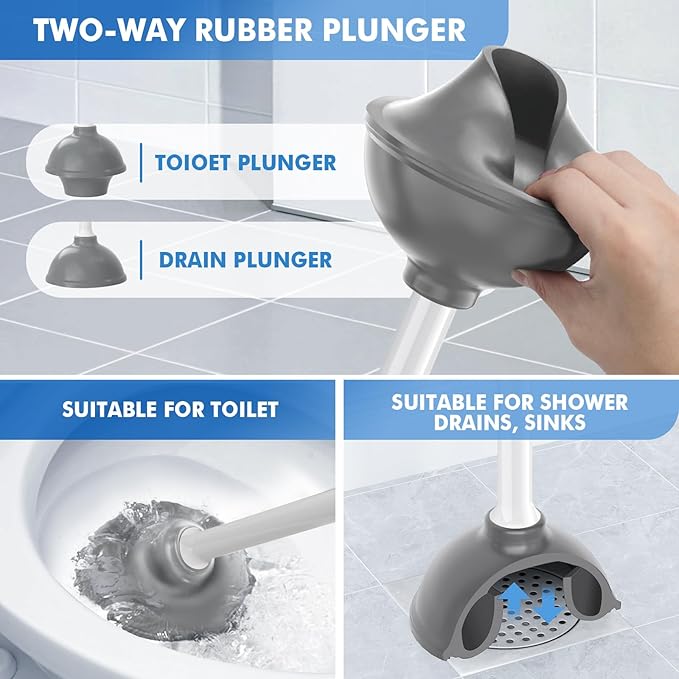 LOVLOY Toilet Plunger and Brush with Holder, Bowl Brush and Heavy Duty Toilet Plunger Set with Ventilated Holder, 2-in-1 Toilet Brush and Plunger Combo for 5.3-inch Toilet Drain New Pack (White, 1)